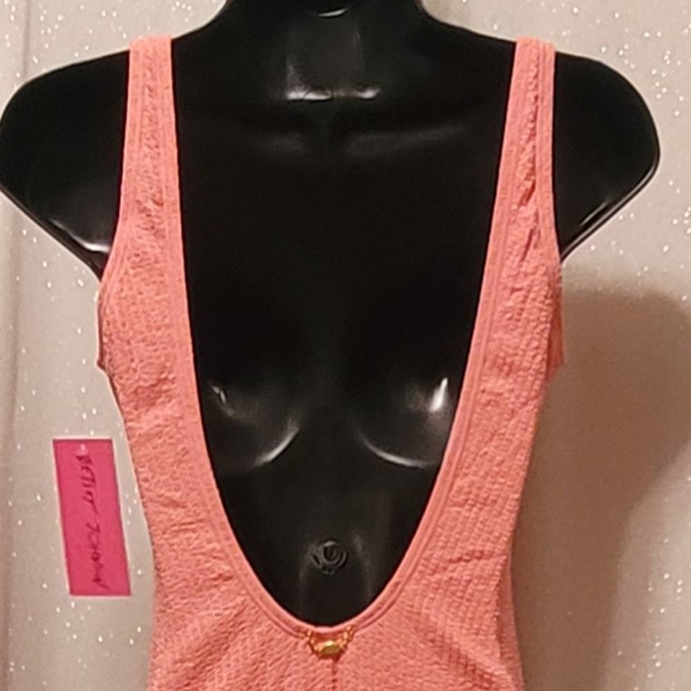 One-piece swimsuit by Betsey Johnson pink retro style rosebud detail, small NEW - Picture 9 of 16